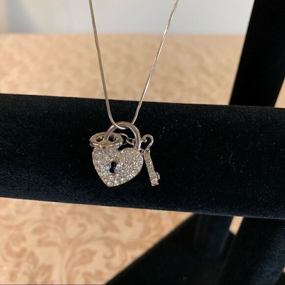 Heart Necklace with Key Crystal Rhinestones 16” - Picture 3 of 4